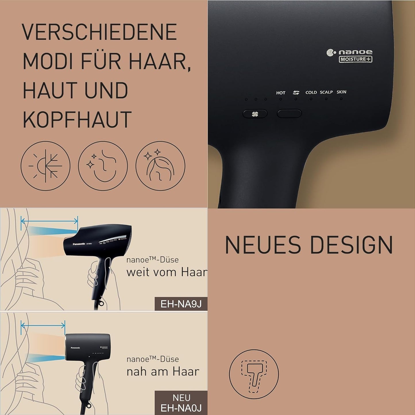 Panasonic EH-NA0J nanoe™ MOISTURE+ Haartrockner – 1600 W, mit Diffusor, Kalt-/Heißmodus, Haut- & Haarpflege, If Design Award, Schwarz