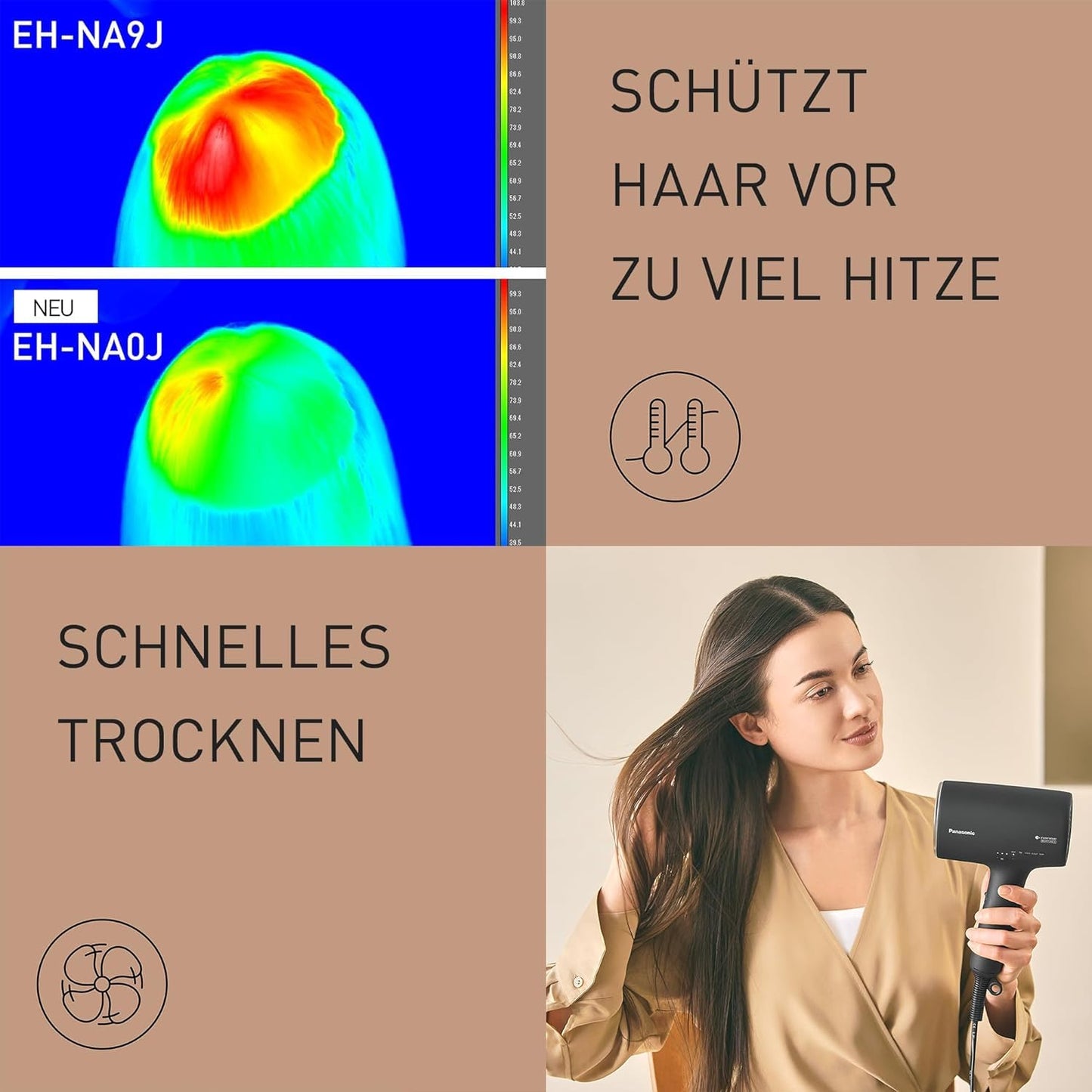 Panasonic EH-NA0J nanoe™ MOISTURE+ Haartrockner – 1600 W, mit Diffusor, Kalt-/Heißmodus, Haut- & Haarpflege, If Design Award, Schwarz