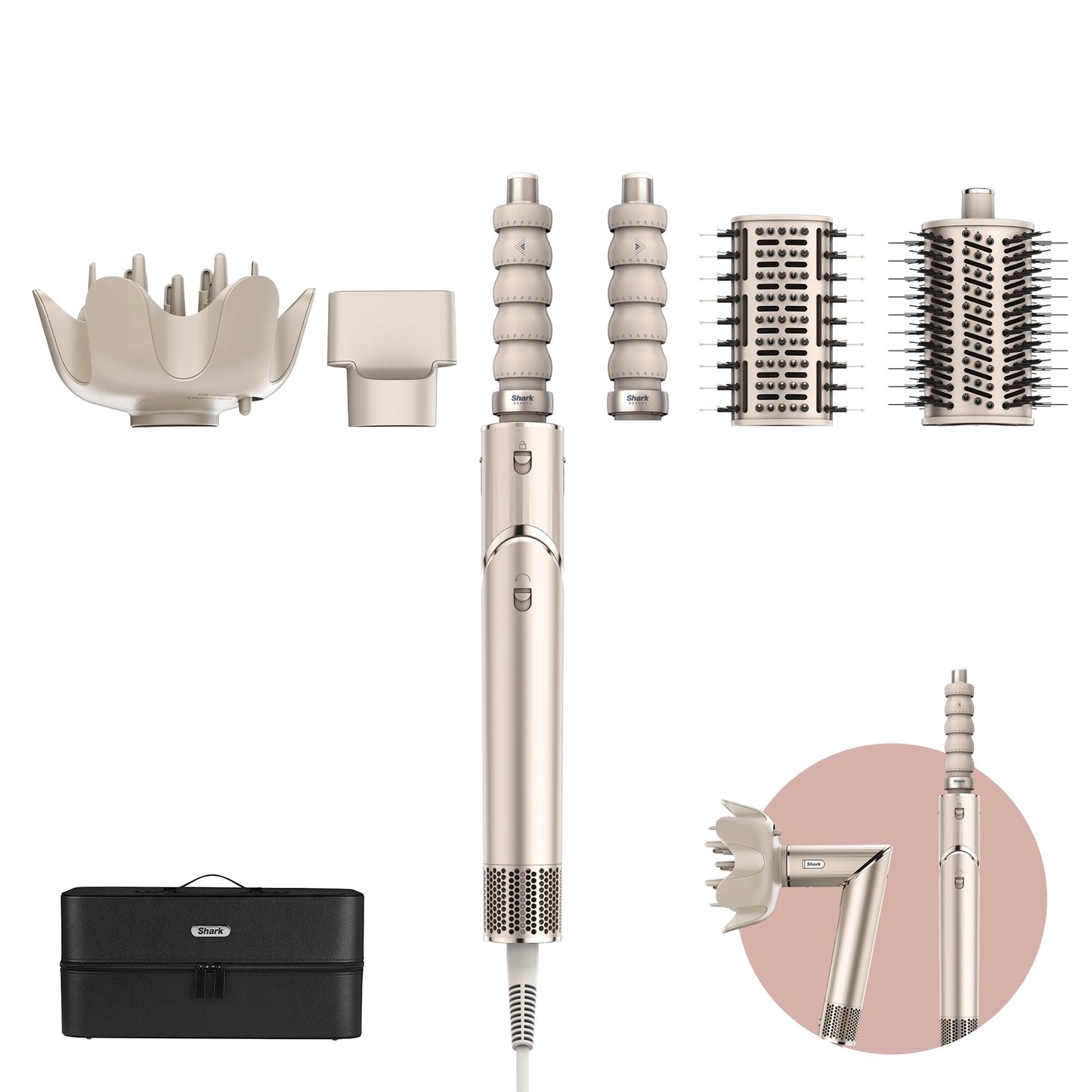 Shark FlexStyle HD446SLEU – 5-in-1 Luftstyler & Haartrockner mit Lockenaufsatz, Bürsten, Diffusor & Koffer – Keine Hitzeschäden – Champagner