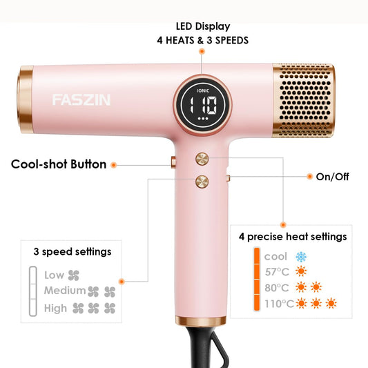 Faszin Haartrockner – Leichter Ionen-Föhn mit 110.000 RPM bürstenlosem Motor, LED-Anzeige & 3 Magnetdüsen – Leise & schnell – Für Zuhause & Salon