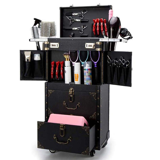ASCASE Kosmetikkoffer Trolley – Abschließbar, mit Rollen & Haartrockner-Halter – Make-up & Friseurwagen für Salon, Reise & Organisation
